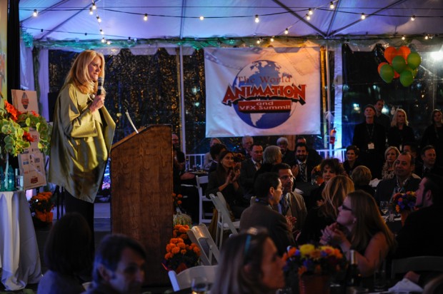 Publisher and President of Animation Magazine Jean Thoren welcoming award recipients and attendees to the 2014 third annual World Animation and VFX Summit in Marina del Rey. -- Photo credit: Will Thoren