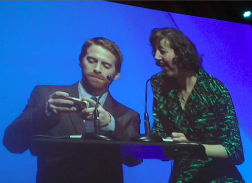 Annie winners Kristen Schaal and Seth Green share a laugh