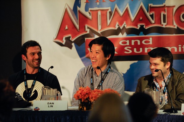 Everything came out during the panel Building a Blockbuster: Brick by Brick: The Secrets of <em>The LEGO Movie</em>. From left: cinematographer Pablo Plaisted, producer Dan Lin, and co-director Chris Miller.