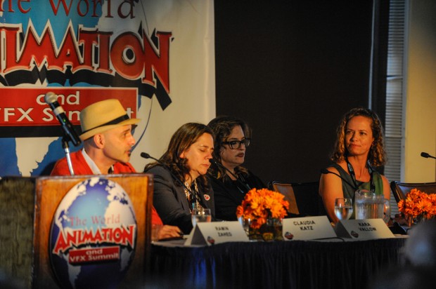 Three of TV's most experienced professionals discuss its future on the panel Defining the New TV Landscape. From left: moderator Ramin Zahed; Claudia Katz, co-founder and executive VP for Rough Draft Studios; Kara Vallow, producer on <em>Family Guy</em>, executive producer on <em>American Dad</em> and animation producer for <em>Cosmos: A Spacetime Odyssey</em>; and Halle Stanford, exec VP of children's entertainment for The Jim Henson Co.