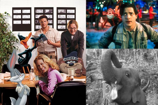  (Left) Brendan Fraser in Looney Tunes:  Back in Action, (Top Right) Fraser with his stop motion costar in Monkeybone, (Bottom Right) Tai the Elephant in a digitally-enhanced closeup from George of the Jungle