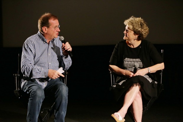 Moderator Pete Hammond from Deadline.com with producer Bonnie Arnold.]