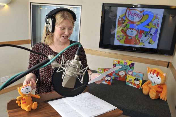 Joanna Page recording the voiceover for Poppy Cat at Ftizrovia Studios. Pictured in the sound studio, edit suite and with Poppy Cat toy in reception area. Also in the photos with Joanna are Coolabi CEO Jeremy, FD Tim and art director Leo, 4th December 2013. Photography by Fergus Burnett