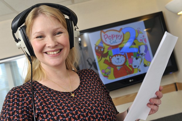 Joanna Page recording the voiceover for Poppy Cat at Fitzrovia Studios. Pictured in the sound studio, edit suite and with Poppy Cat toy in reception area. Also in the photos with Joanna are Coolabi CEO Jeremy, FD Tim and art director Leo, 4th December 2013. Photography by Fergus Burnett