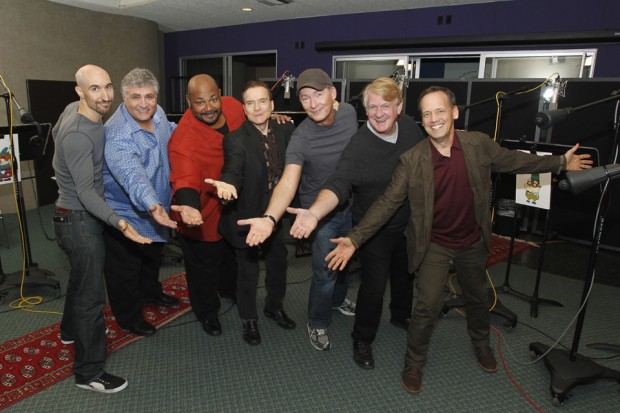 (from left) Scott Menville, Maurice Lamarche, Kevin Michael Richardson, Billy West, Stephen Stanton, Bill Farmer and Dee Bradley Baker play the dwarfs in Disney's The 7D.