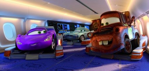 "CARS 2" (L-R) Holley Shiftwell (voice by Emily Mortimer), Finn McMissile (voice by Michael Caine), Mater (voice by Larry the Cable Guy) ©Disney/Pixar.  All Rights Reserved.