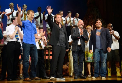 (from left) Matt Stone, Trey Parker, Casey Nicholaw and Robert Lopez at the Los Angeles opening of The Book of Mormon.