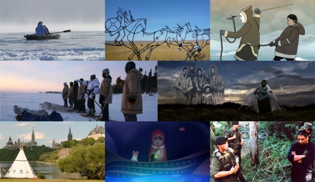 Images provided by NFB. L to R: Angry Inuk (Alethea Arnaquq-Baril); Reel Injun (Catherine Bainbridge, Neil Diamond & Jeremiah Hayes); Lumaajuuq (Alethea Arnaquq-Baril); Trick or Treaty? (Alanis Obomsawin); Hi-Ho Mistahey! (Alanis Obomsawin); The Mountain of SGaana (Christopher Auchter); Kanehsatake: 270 Years of Resistance (Alanis Obomsawin).