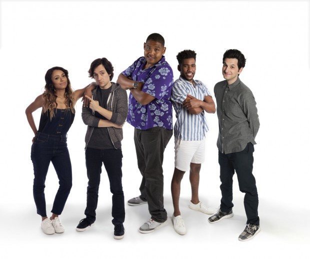 Pictured (L-R): Nickelodeon’s Rise of the Teenage Mutant Ninja Turtles voice cast; Kat Graham (April O’Neil), Josh Brener (Donatello), Omar Miller (Raphael), Brandon Mychal Smith (Michelangelo) and Ben Schwartz (Leonardo).